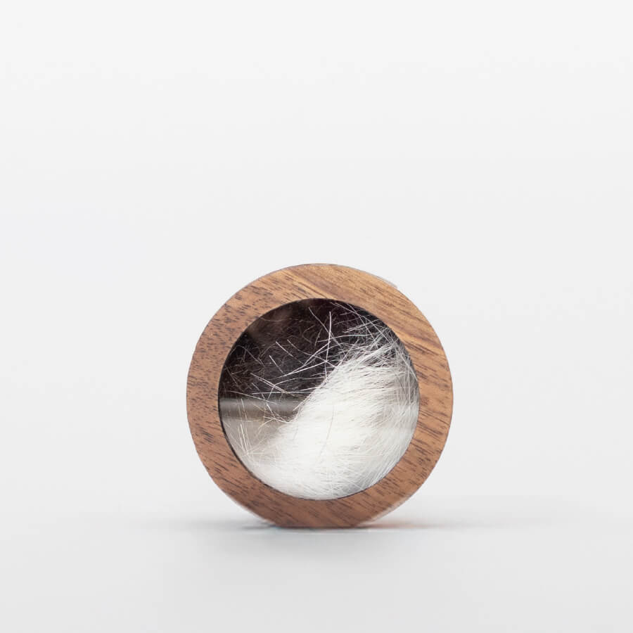Buddy pet memorial keepsakes. Walnut fur memorial with window.