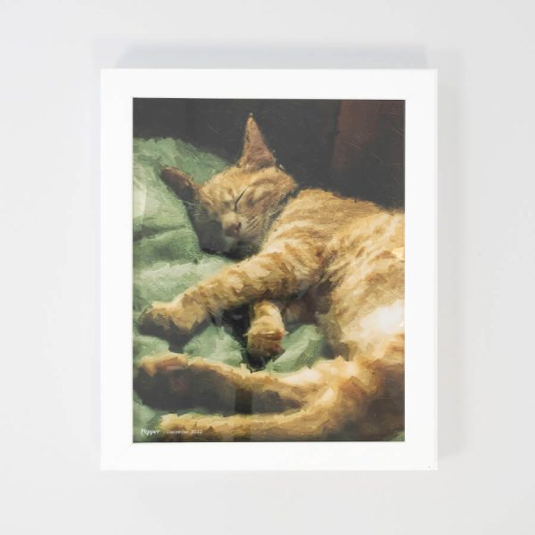 Custom pet art. Framed oil paint art print in a white frame.